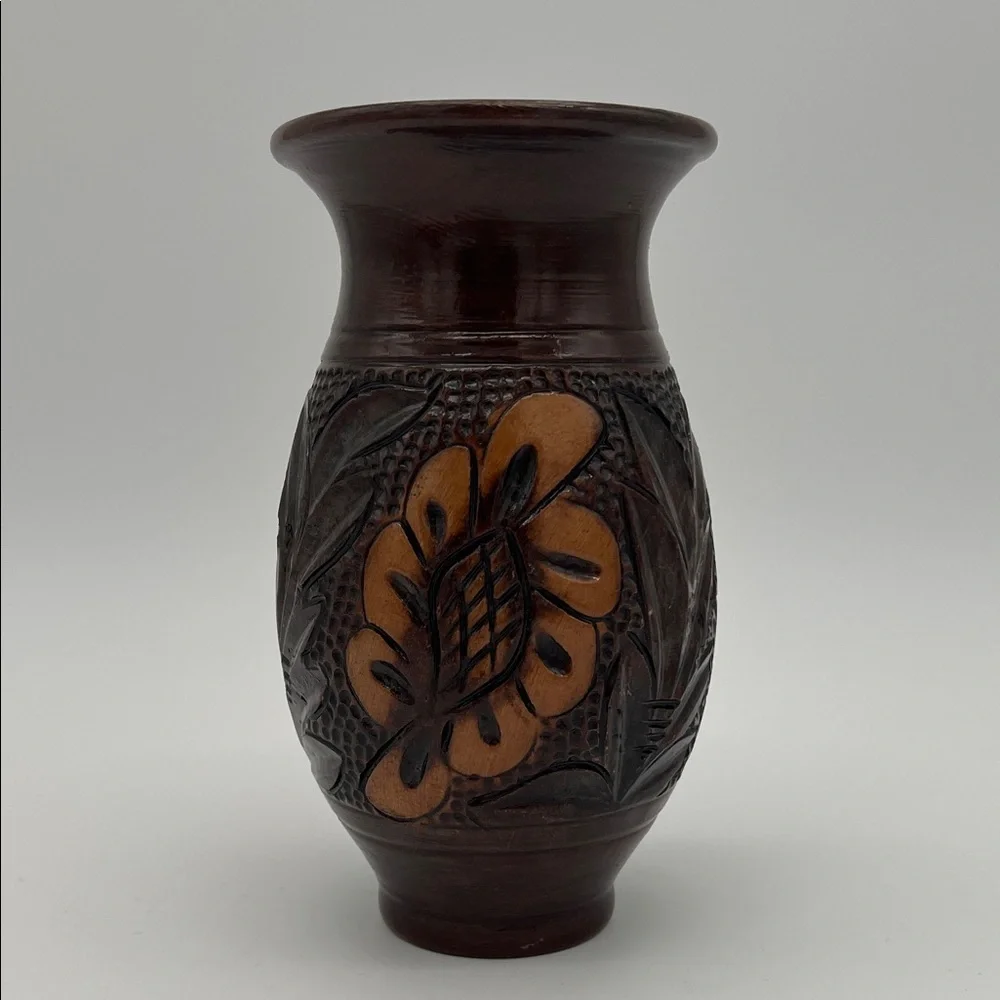 Vintage Handcrafted Korond Pottery Brown Floral Vase Transylvania ~ 7 Inches